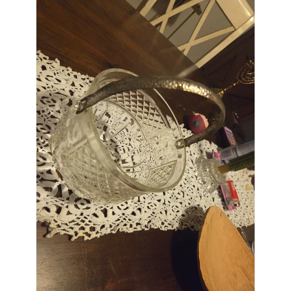 vintage glass ice bucket with hammered handle, Hollywood Regency